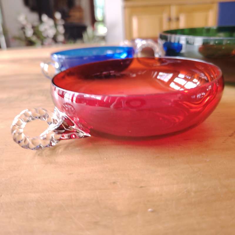 Dessert Cups and bowl in colored glass and stylized handles