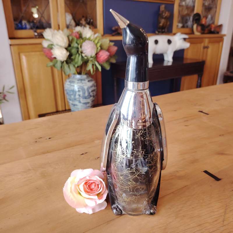 Mid-Century Japanese chrome black glass penguin liquor bottle decanter