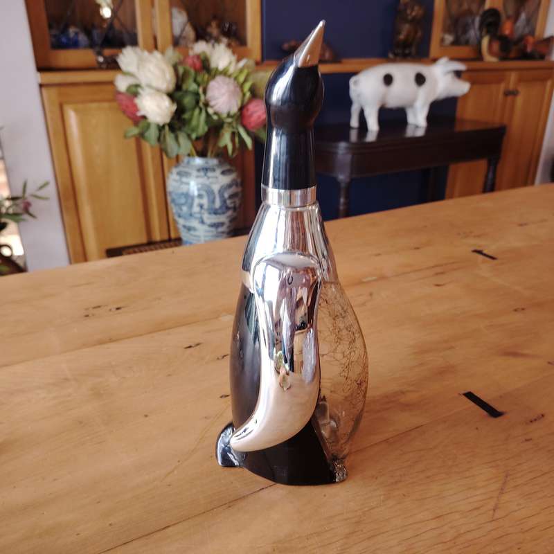 Mid-Century Japanese chrome black glass penguin liquor bottle decanter