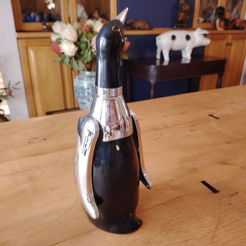 Mid-Century Japanese chrome black glass penguin liquor bottle decanter