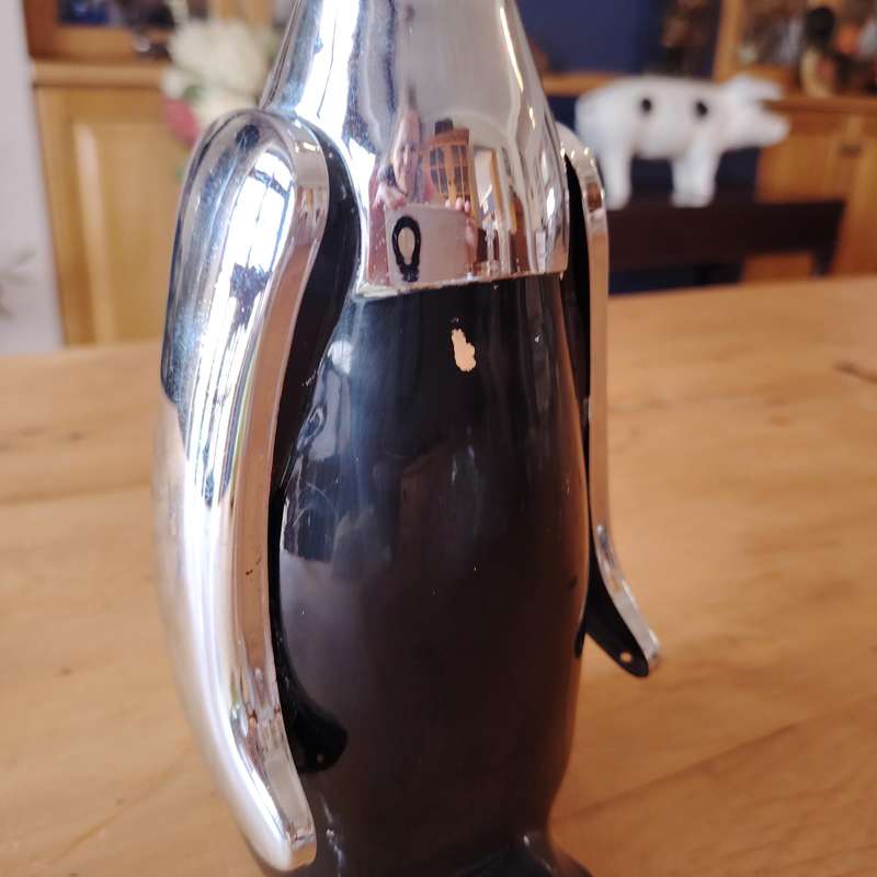 Mid-Century Japanese chrome black glass penguin liquor bottle decanter