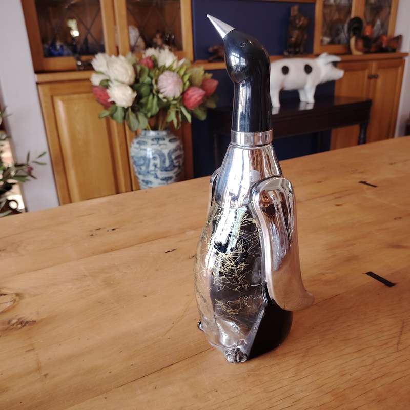 Mid-Century Japanese chrome black glass penguin liquor bottle decanter