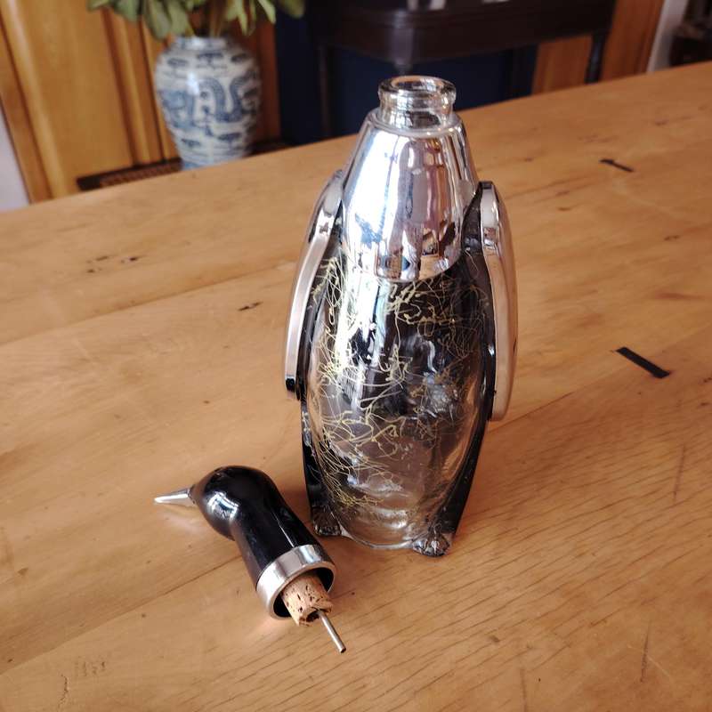 Mid-Century Japanese chrome black glass penguin liquor bottle decanter