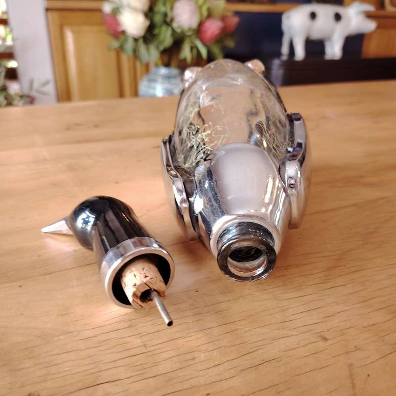 Mid-Century Japanese chrome black glass penguin liquor bottle decanter