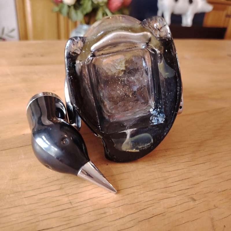 Mid-Century Japanese chrome black glass penguin liquor bottle decanter