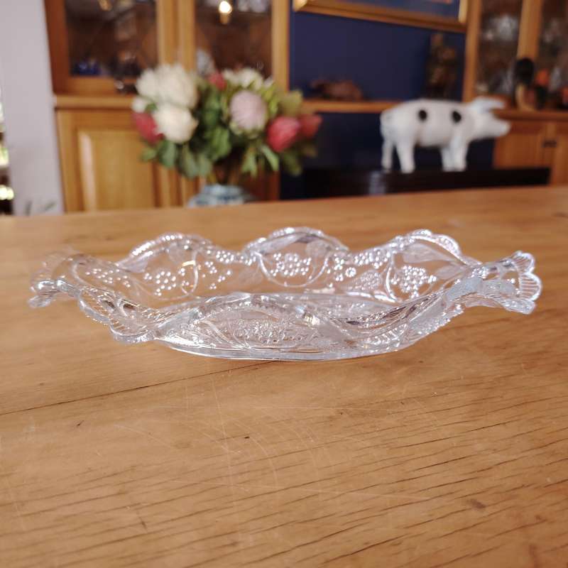 Oval Clear Glass Bowl with Etched Flowers and Scalloped Edge