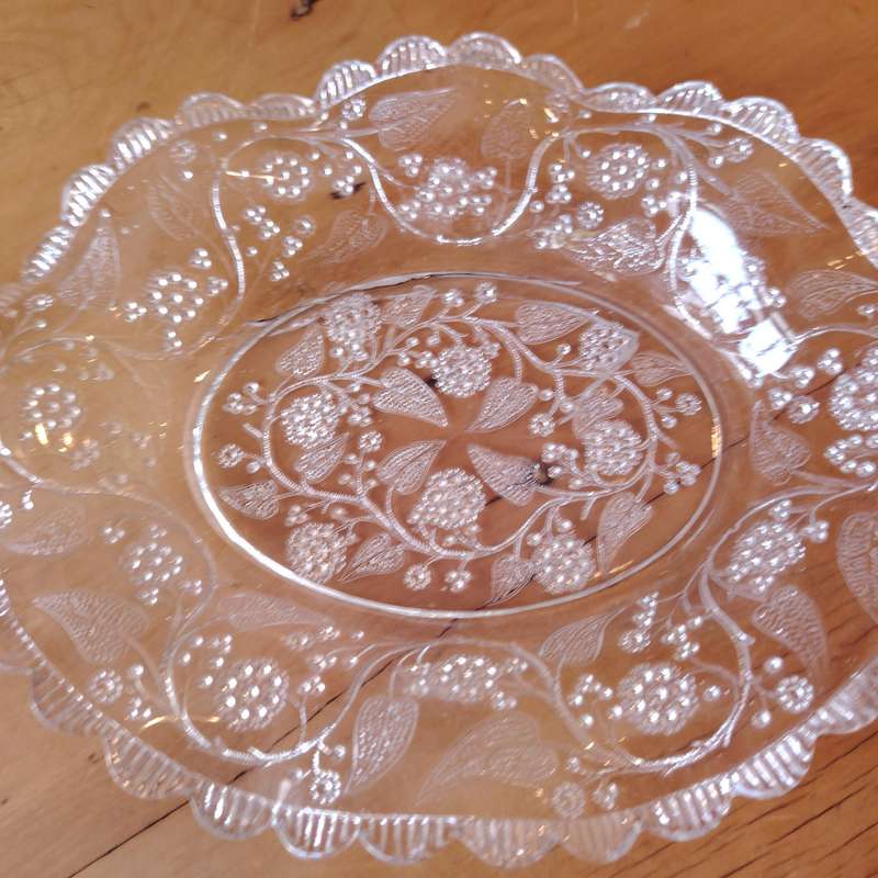 Oval Clear Glass Bowl with Etched Flowers and Scalloped Edge