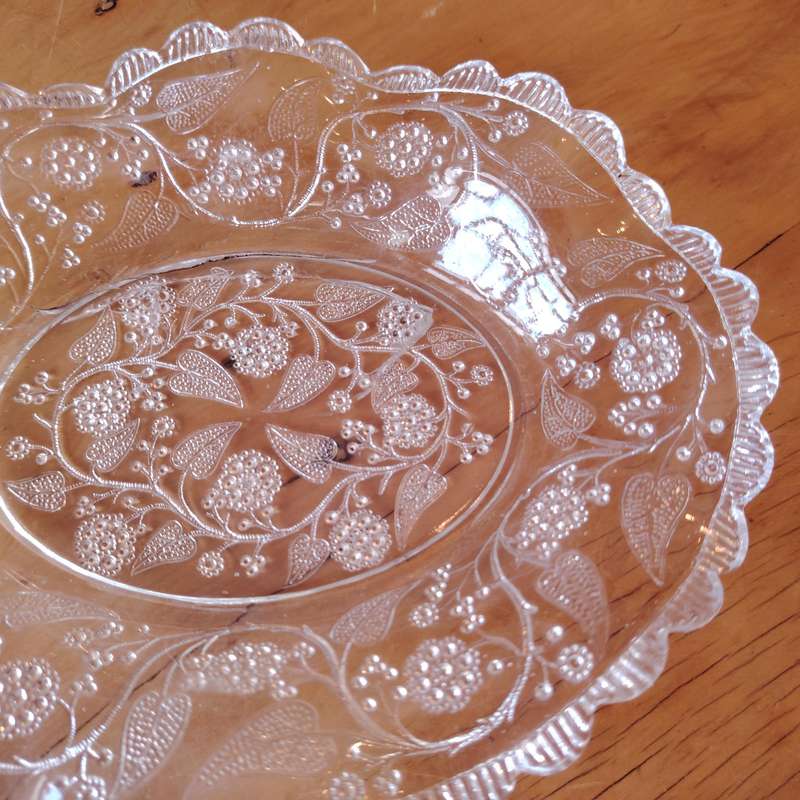Oval Clear Glass Bowl with Etched Flowers and Scalloped Edge