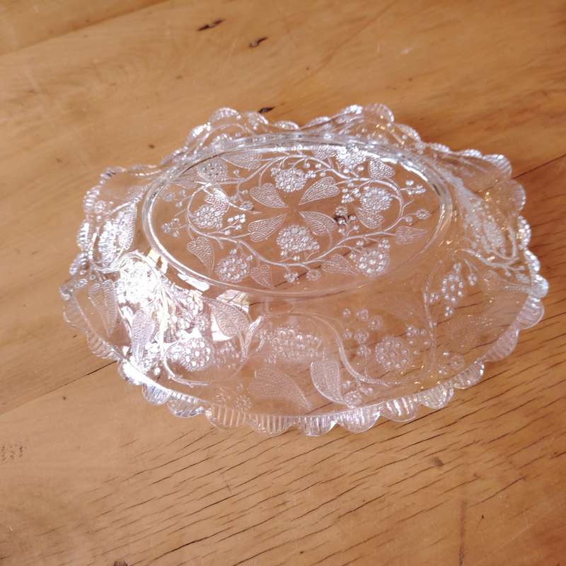 Oval Clear Glass Bowl with Etched Flowers and Scalloped Edge