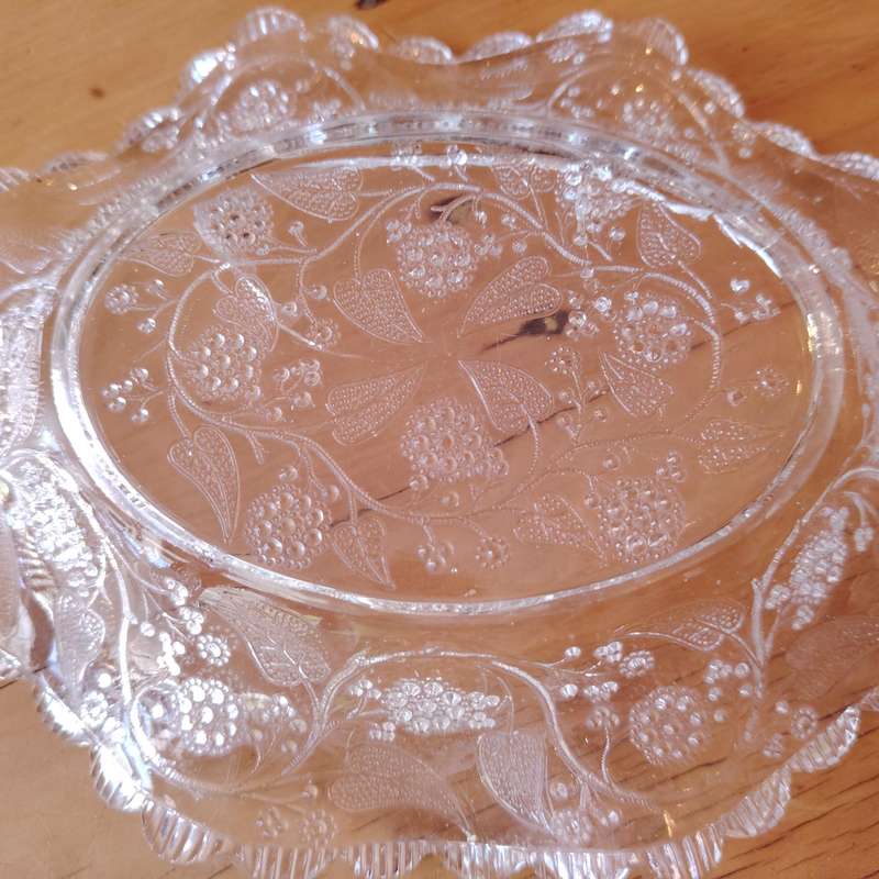 Oval Clear Glass Bowl with Etched Flowers and Scalloped Edge