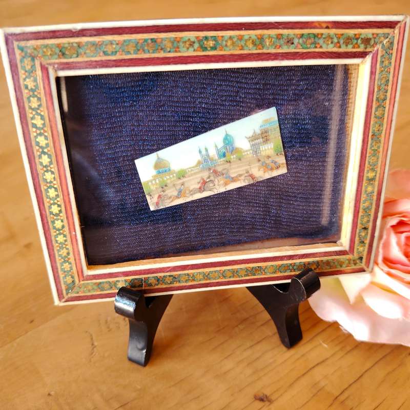 Persian miniature painting and mosaic Khatam inlay Polo scene framed