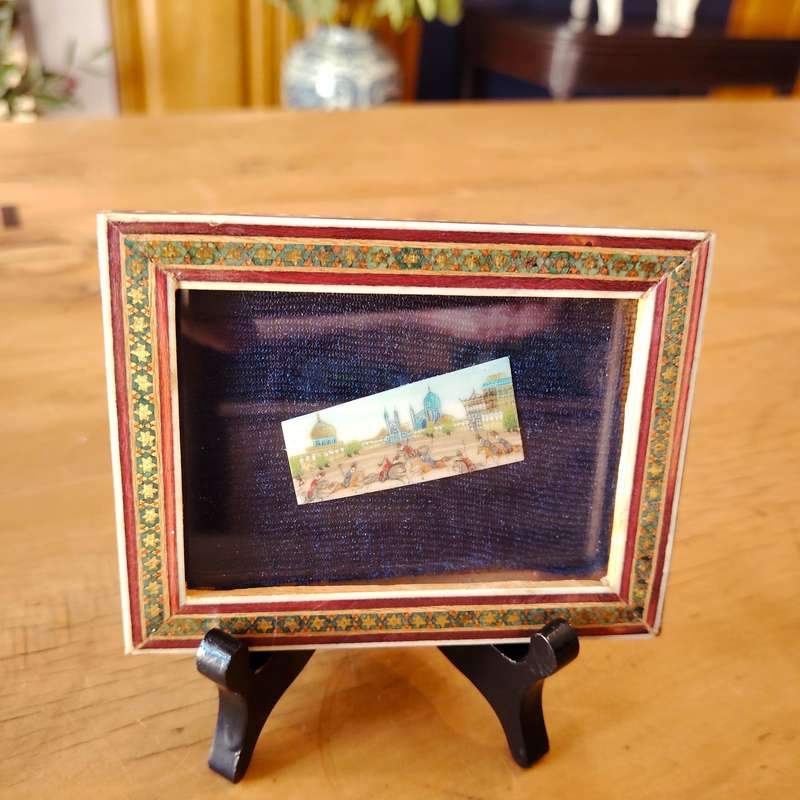 Persian miniature painting and mosaic Khatam inlay Polo scene framed