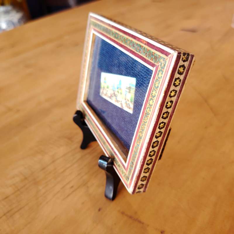 Persian miniature painting and mosaic Khatam inlay Polo scene framed