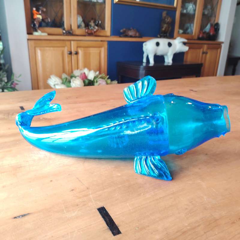 Stunning X- Large Mid-Century Hand Blown Blue Glass Koi Fish
