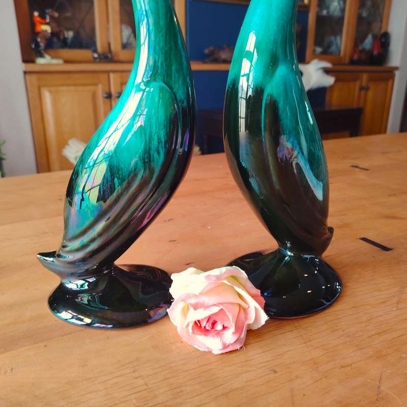 Vintage Blue Mountain Pottery Long Neck Swans Crane Green Drip Glaze