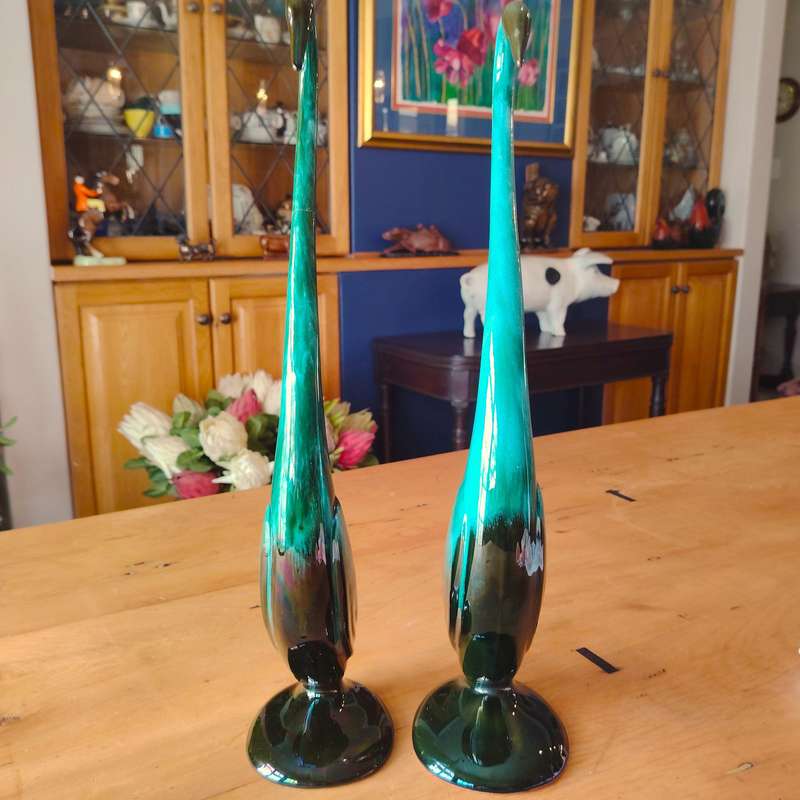 Vintage Blue Mountain Pottery Long Neck Swans Crane Green Drip Glaze