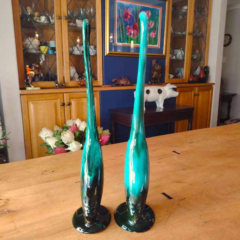 Vintage Blue Mountain Pottery Long Neck Swans Crane Green Drip Glaze