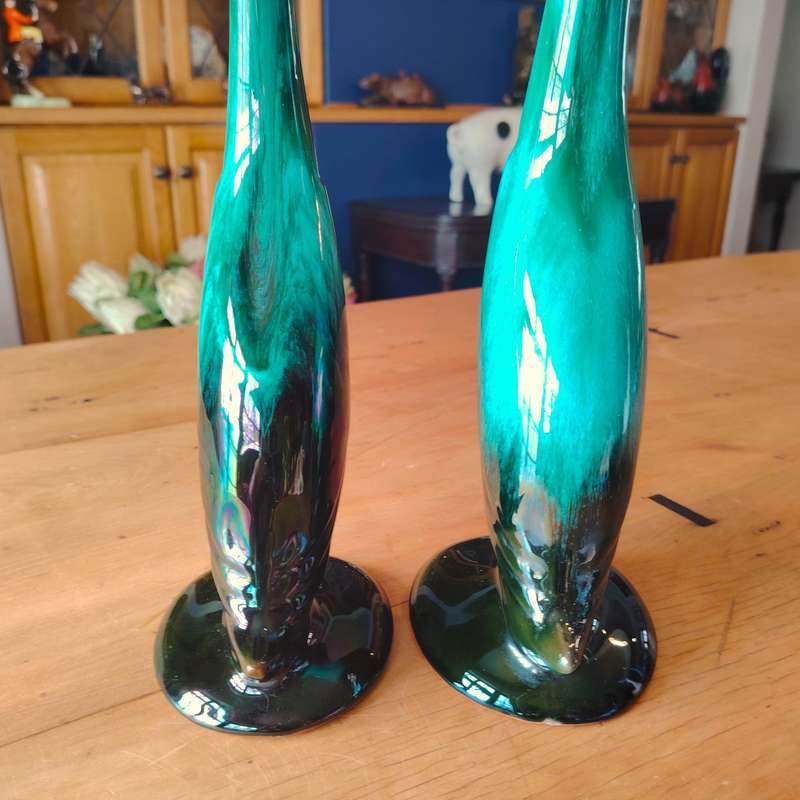 Vintage Blue Mountain Pottery Long Neck Swans Crane Green Drip Glaze