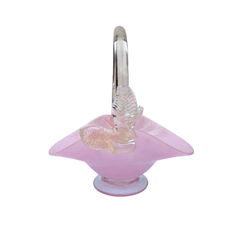 Murano Pink Candy Strip Glass Basket Clear and Gold Flex Handles