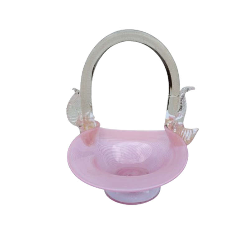 Murano Pink Candy Strip Glass Basket Clear and Gold Flex Handles