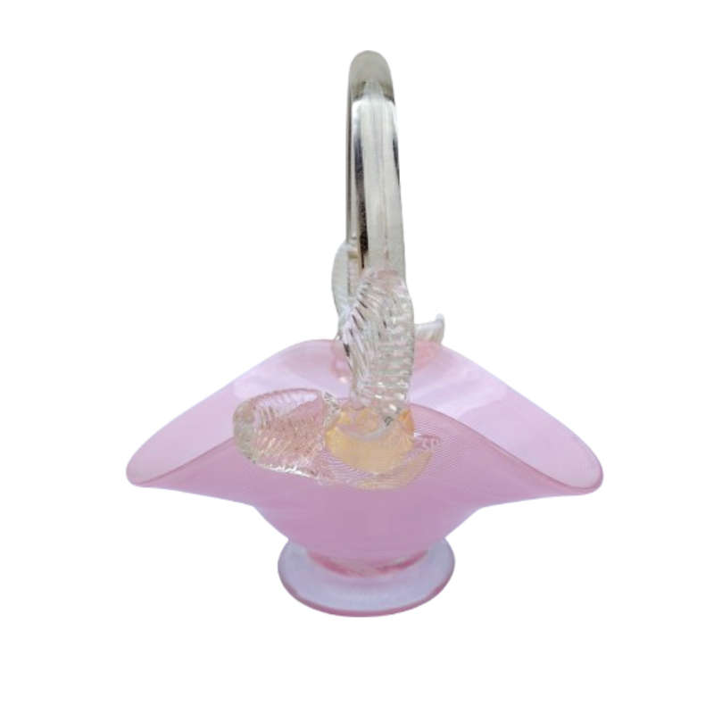 Murano Pink Candy Strip Glass Basket Clear and Gold Flex Handles