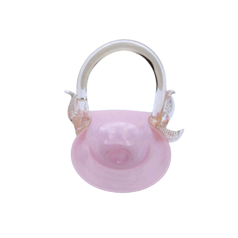 Murano Pink Candy Strip Glass Basket Clear and Gold Flex Handles