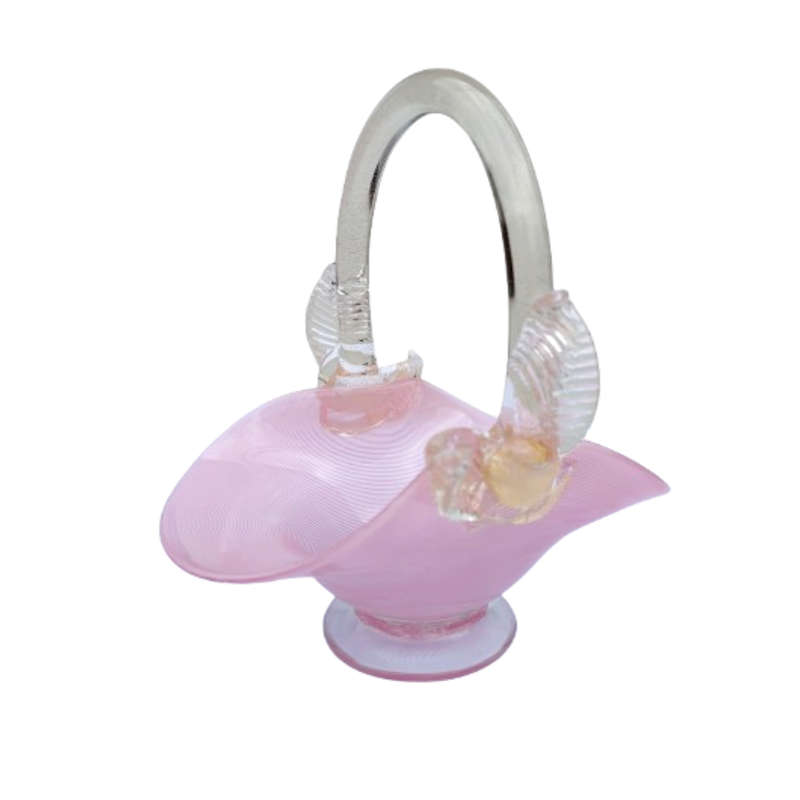 Murano Pink Candy Strip Glass Basket Clear and Gold Flex Handles