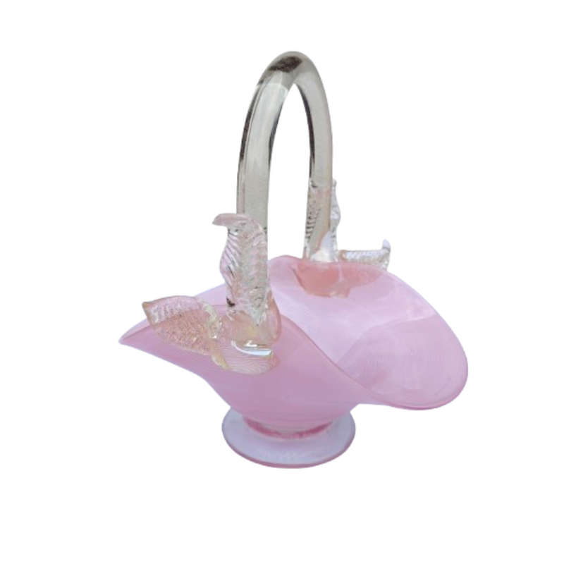 Murano Pink Candy Strip Glass Basket Clear and Gold Flex Handles