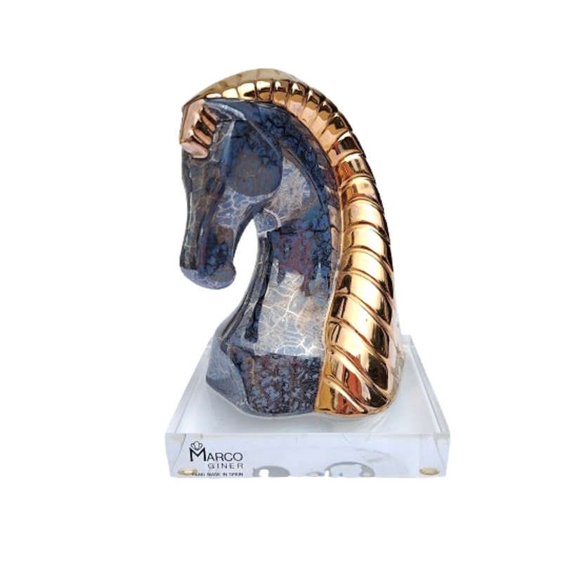 Original Marco Giner made in Spain Horse Bust Sculpture in Marbled Black with Gold Mane