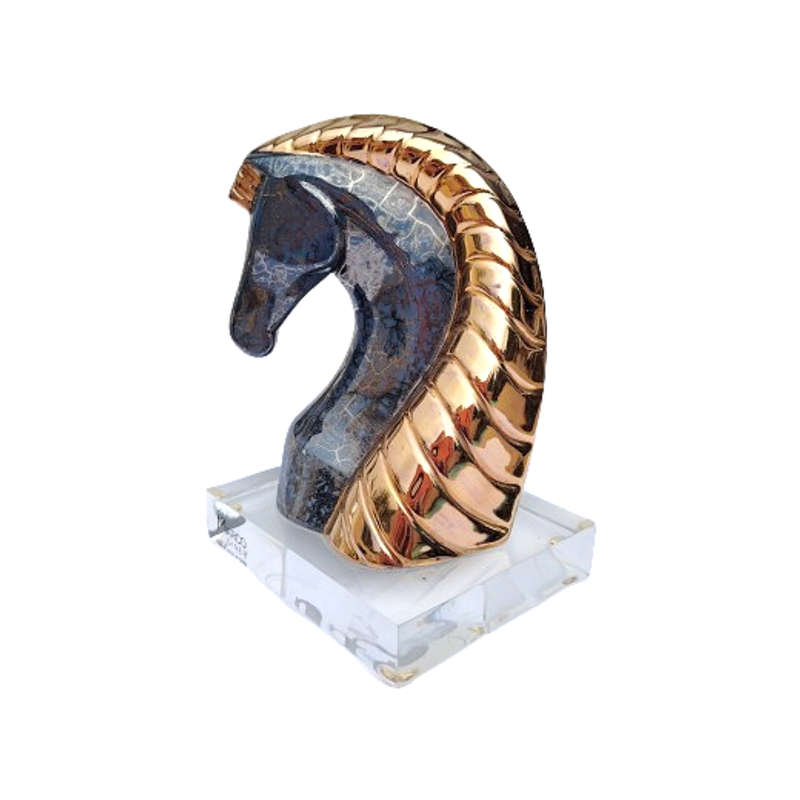Original Marco Giner made in Spain Horse Bust Sculpture in Marbled Black with Gold Mane