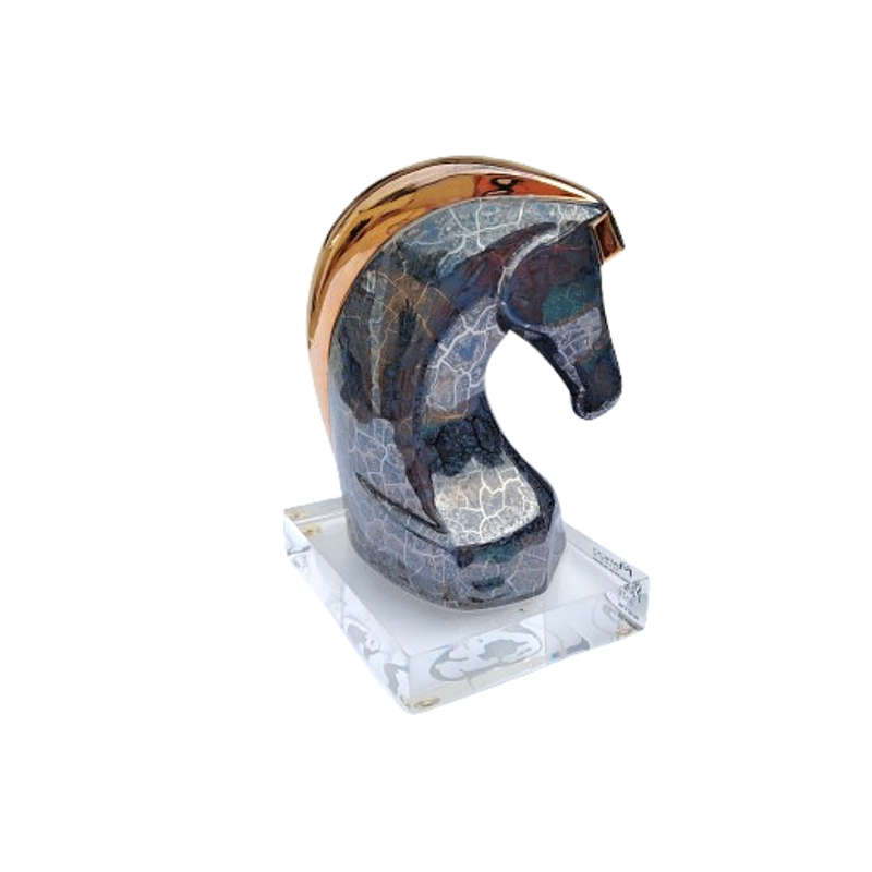 Original Marco Giner made in Spain Horse Bust Sculpture in Marbled Black with Gold Mane