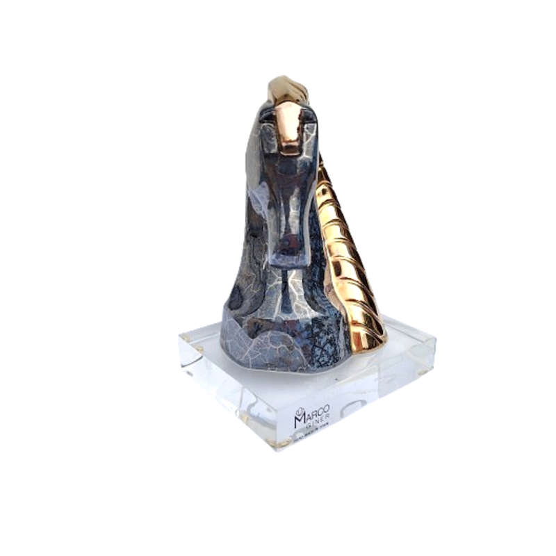Original Marco Giner made in Spain Horse Bust Sculpture in Marbled Black with Gold Mane