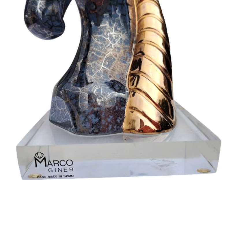 Original Marco Giner made in Spain Horse Bust Sculpture in Marbled Black with Gold Mane