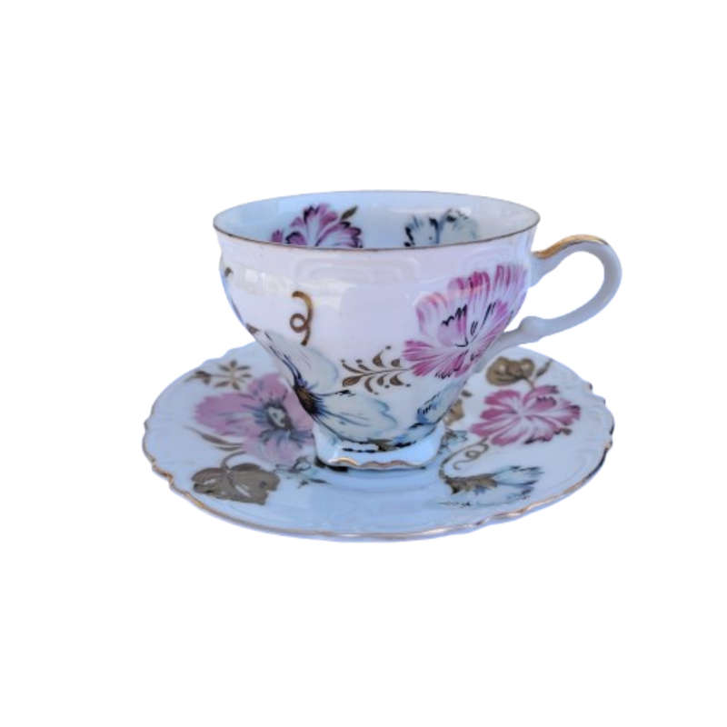 Very Pretty pink and Blue Flower Bone China Trio