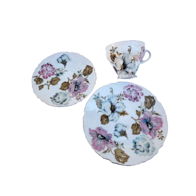 Very Pretty pink and Blue Flower Bone China Trio