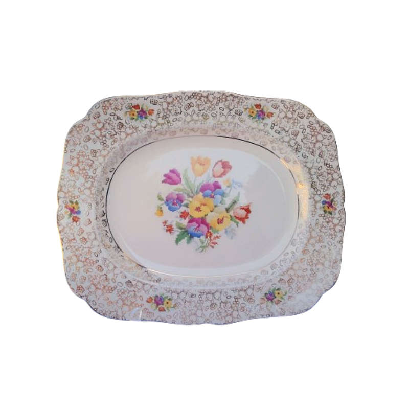 H&K Tunstall Old English Sampler Petit Point Floral Gold Platter
