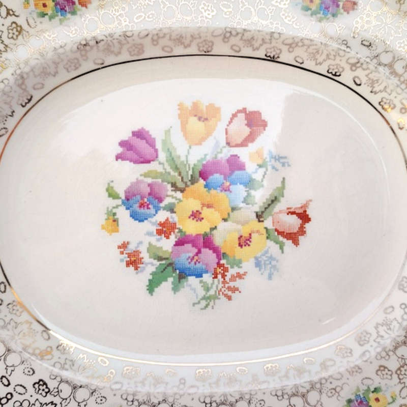 H&K Tunstall Old English Sampler Petit Point Floral Gold Platter