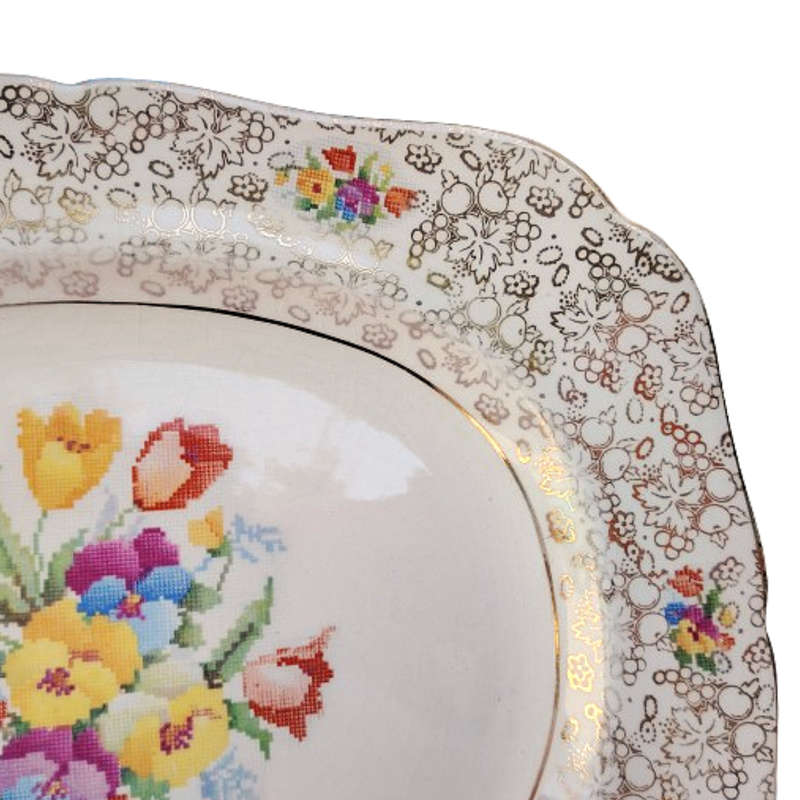 H&K Tunstall Old English Sampler Petit Point Floral Gold Platter