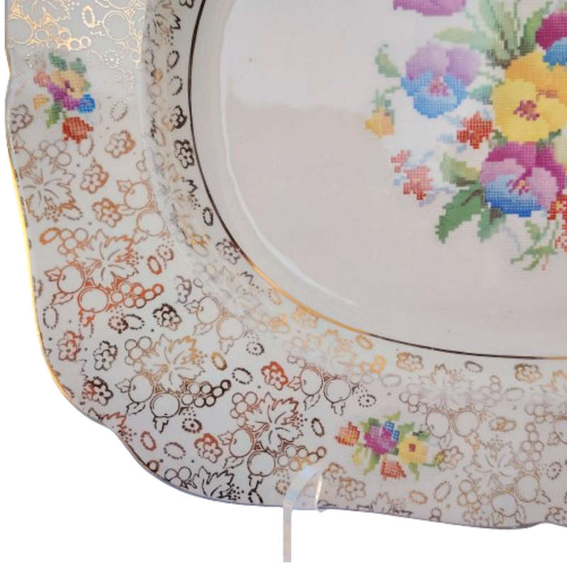 H&K Tunstall Old English Sampler Petit Point Floral Gold Platter