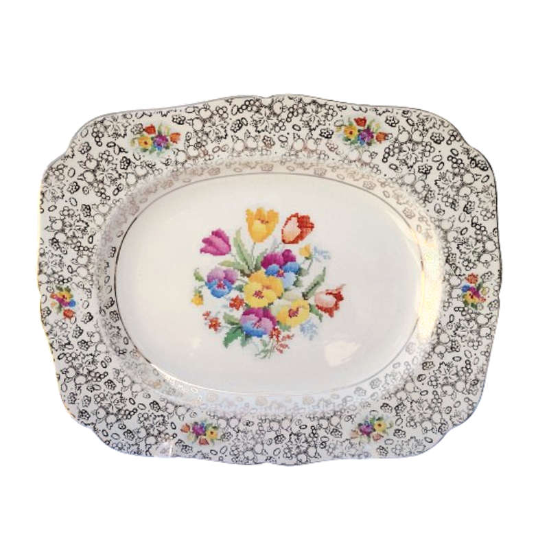 H&K Tunstall Old English Sampler Petit Point Floral Gold Platter