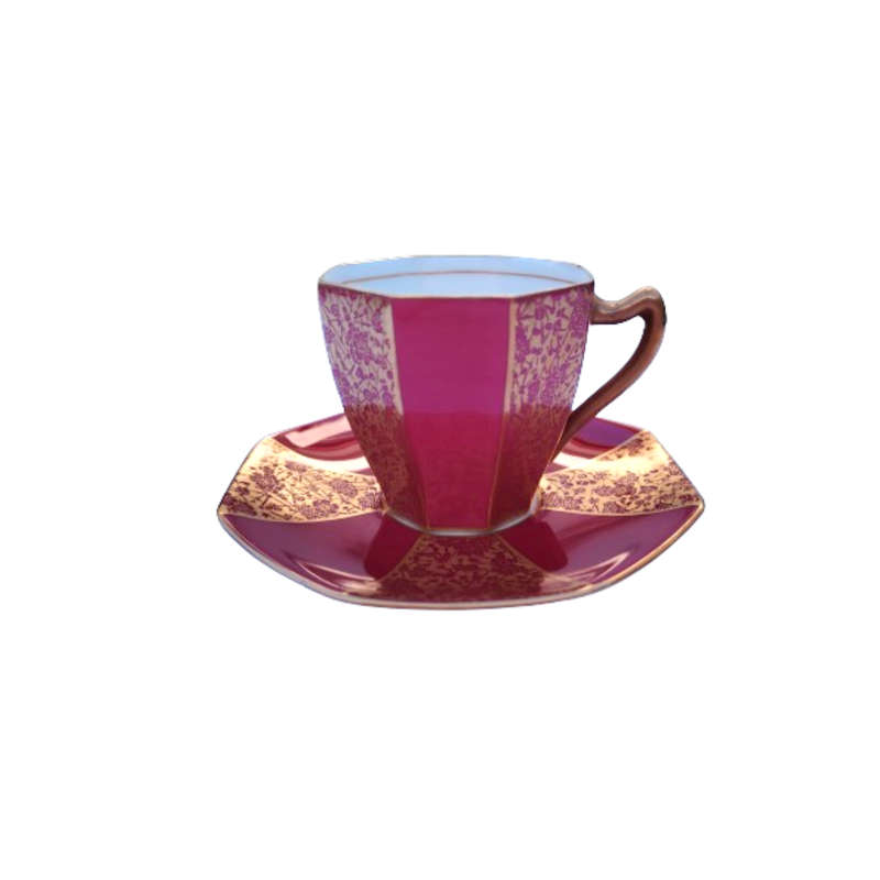 Royal Doulton Art Deco Raspberry and Gold Duo Demitasse