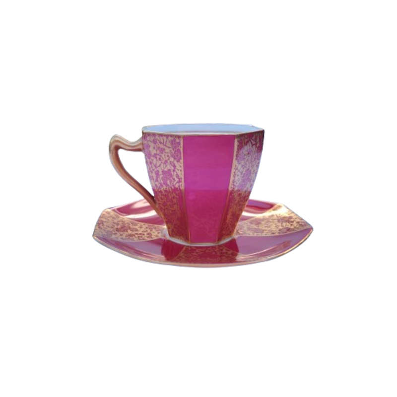 Royal Doulton Art Deco Raspberry and Gold Duo Demitasse