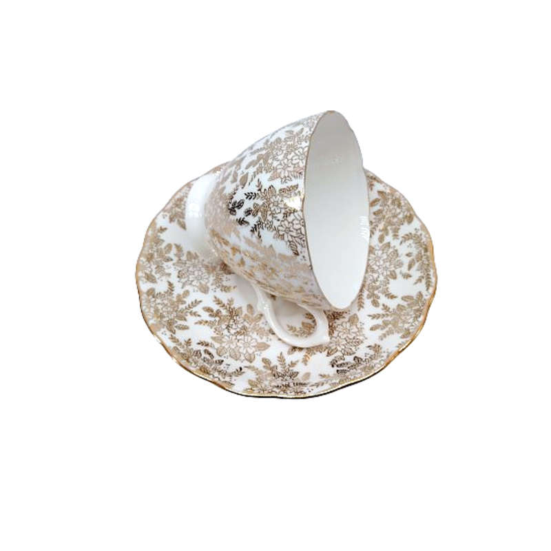 Royal Vale Gold filigree Gold scalloped rims Tea set
