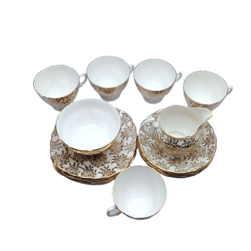 Royal Vale Gold filigree Gold scalloped rims Tea set