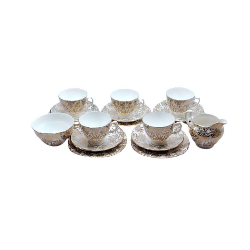 Royal Vale Gold filigree Gold scalloped rims Tea set