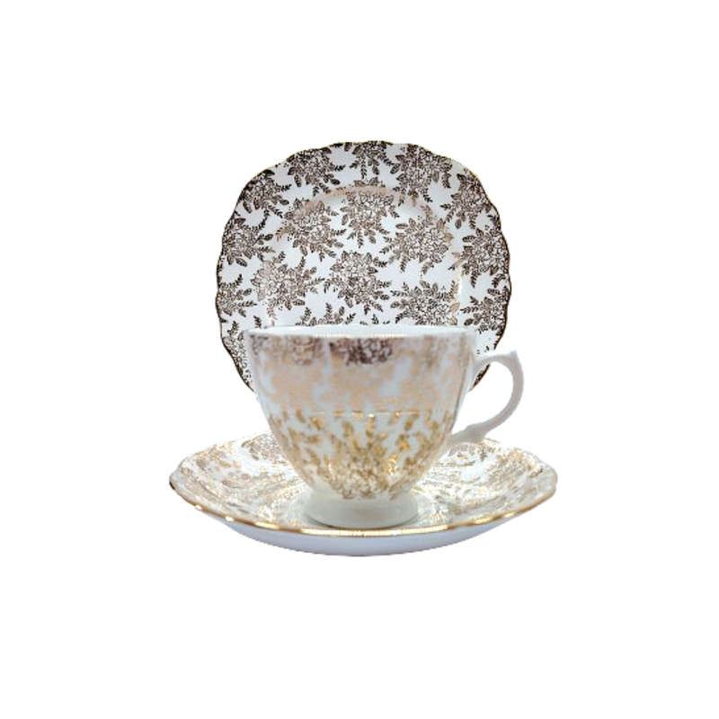 Royal Vale Gold filigree Gold scalloped rims Tea set