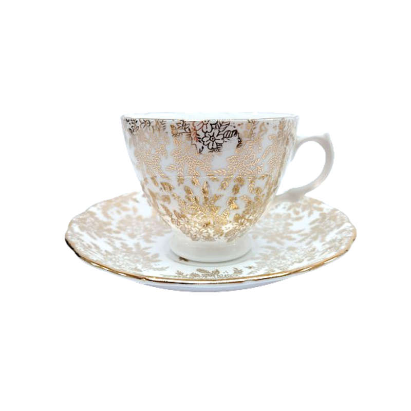 Royal Vale Gold filigree Gold scalloped rims Tea set