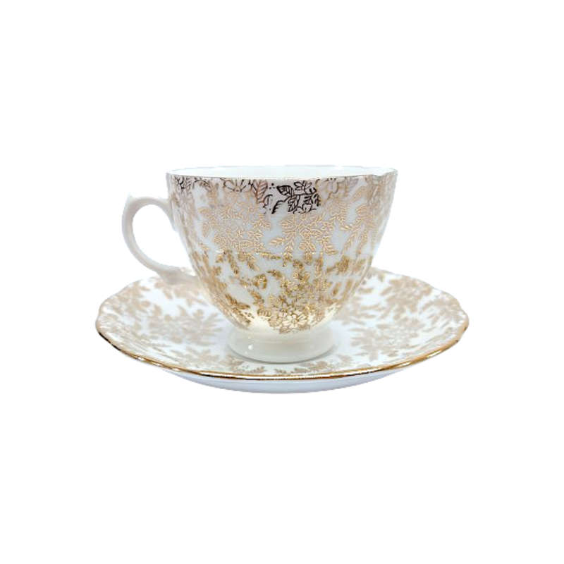 Royal Vale Gold filigree Gold scalloped rims Tea set