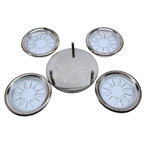 Set of four cut glass and silver coasters in stand