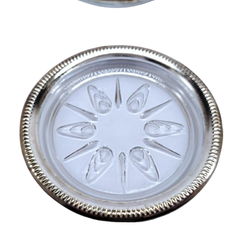 Set of four cut glass and silver coasters in stand